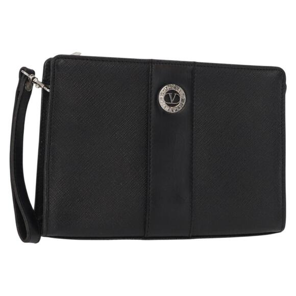 VALENTINO Clutch Bag Leather Black Silver Auth bs31011